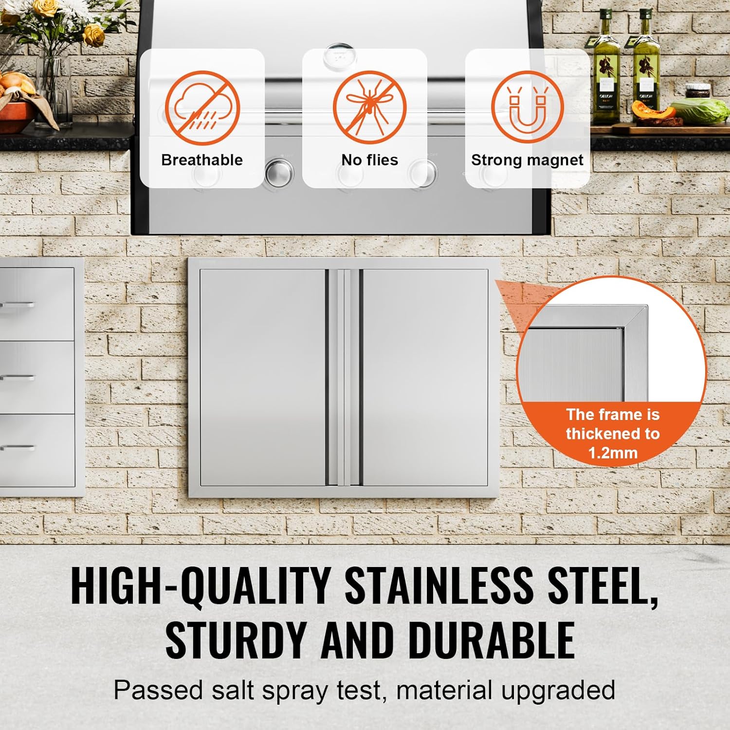 VEVOR BBQ Access Door - 31 W x 24 H Stainless Steel Flush Mount Vertical Door with Recessed Handles,for BBQ Island, Grilling Station, Outside Cabinet